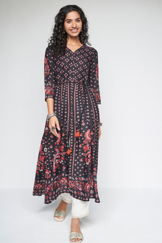 Black Floral Flared Kurta, Black, image 2